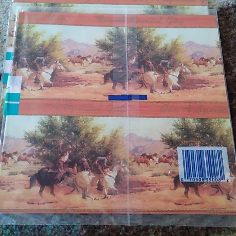 Vintage CLEO Men's Cowboy Horses Western Gift Wrap 2 packages 4 sheets